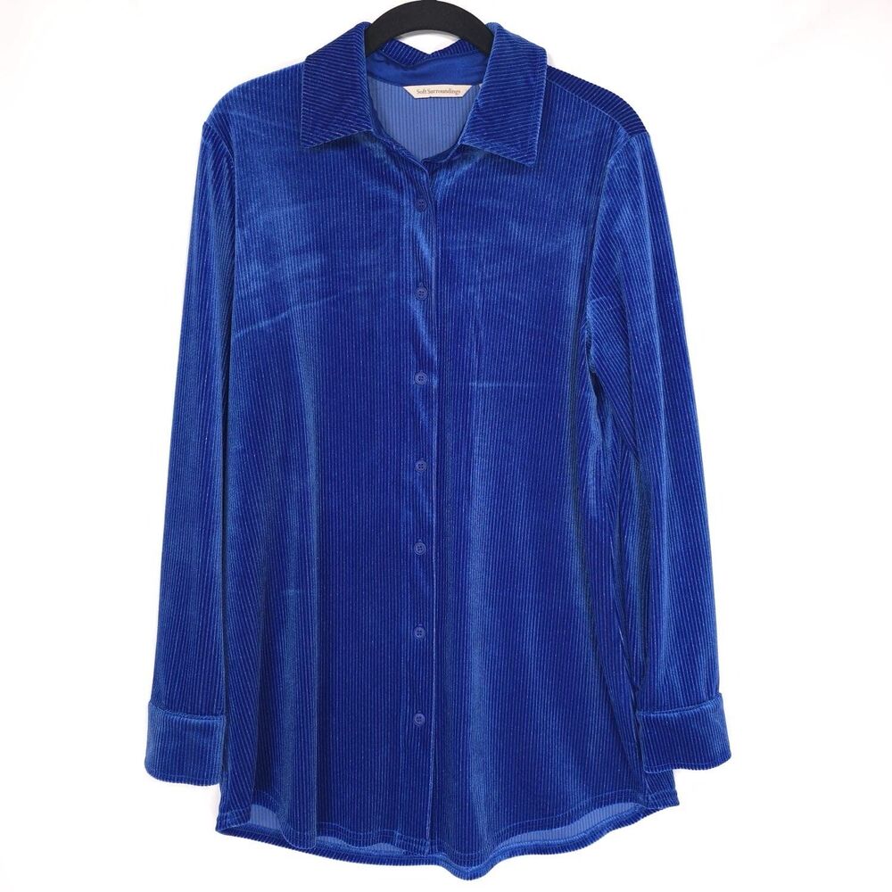 Soft Surroundings Shirt SMALL Velvet Boyfriend Cobalt Blue Silver 2FP50